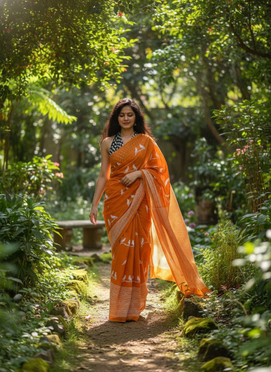 Woman in an orange saree walking through a lush green garden